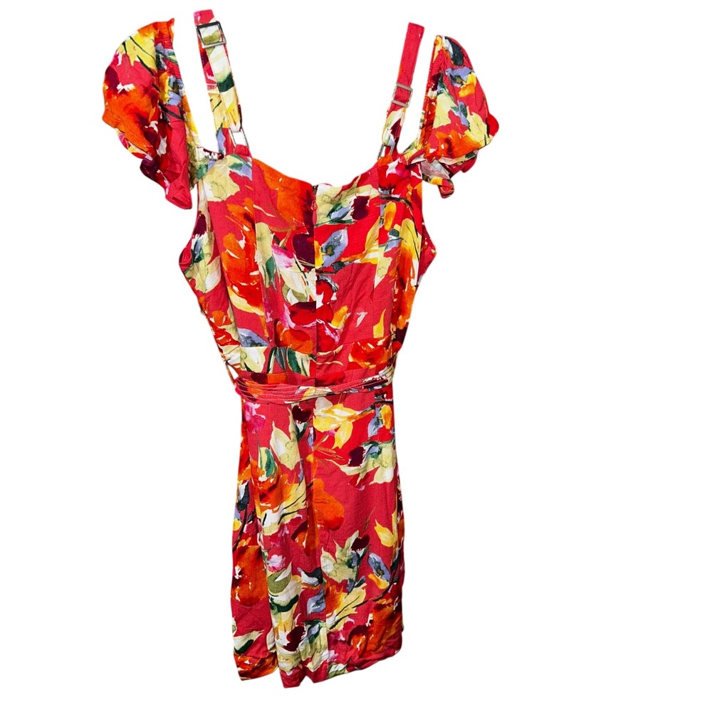 Guess Womens Floral Cold Shoulder Dress Red Multi Color A-Line Large - Picture 3 of 7
